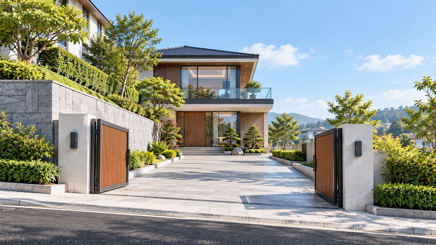 Modern Villa Entrance with Open Gates.png